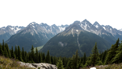 Mountain Majesty: The expansive mountainous terrain in a vivid display of nature's grandeur. Conifers and snow-capped peaks reaching toward the sky, conveying an atmosphere of calm.