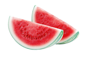 Two watermelon slices, vibrant red flesh,  pale white rind,  green stripes