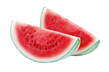 Two watermelon slices, vibrant red flesh,  pale white rind,  green stripes