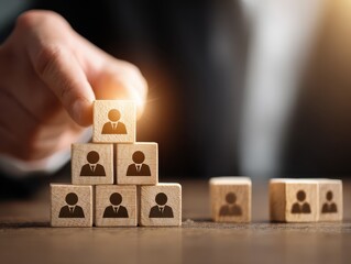 Business manager selecting leader and building successful team. Businessman stacking wooden blocks. People icons and lens flare light.