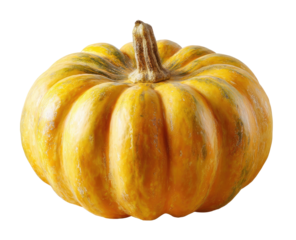 Close-up of a small, round pumpkin.  Its skin is a light yellow with subtle greenish-gray markings.  A stem is visible at the top
