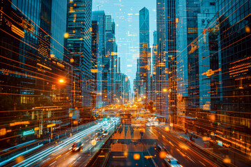 Futuristic cityscape with dynamic digital overlay and vibrant city lights