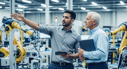 Engineers Discussing Automation in Factory with Robotics