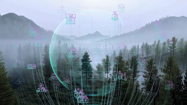 Green forest aerial view and environmental technology concept. Green tech. Ecology. Green transformation. GX. SDGs.