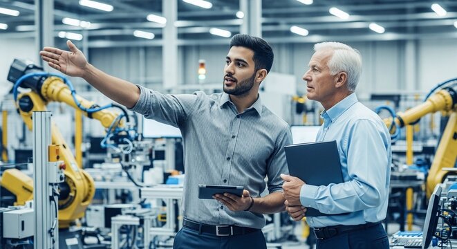 Engineers Discussing Automation in Factory with Robotics