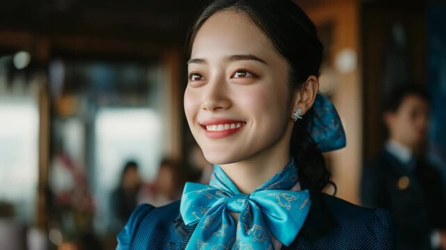pretty young Asian woman smiling in business attire with bow and jacket 
