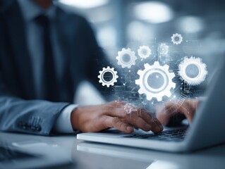 Business process automation BPA and robotic process automation RPA systems. API automation and data transfer with system integration. Businessman using laptop computer