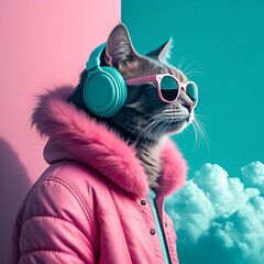 Cool cat wearing headphones and sunglasses in a pink puffy jacket with fur trim