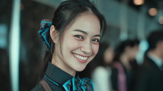 pretty young Asian woman smiling in business attire with bow and jacket 
