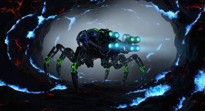 A futuristic spider-like robot with glowing blue lights navigates a dark, cavernous landscape illuminated by vibrant blue and red cracks.