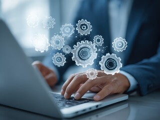 Business process management BPM and automation technologies. Process analysis and optimization. Man using laptop computer to design and optimize workflow.