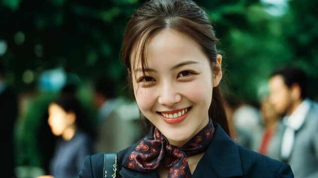pretty young Asian woman smiling in business attire with bow and jacket 