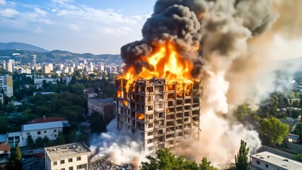 Tower engulfed in flames and smoke over a town