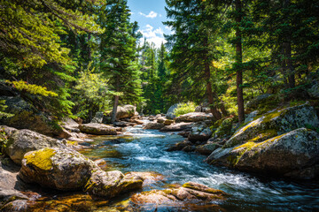 Obraz premium Tranquil mountain stream flowing through a lush forest