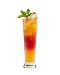 Sunset Cocktail: A visually stunning cocktail creation, layered with vibrant hues of orange, red and yellow, accented with a sprig of fresh mint.