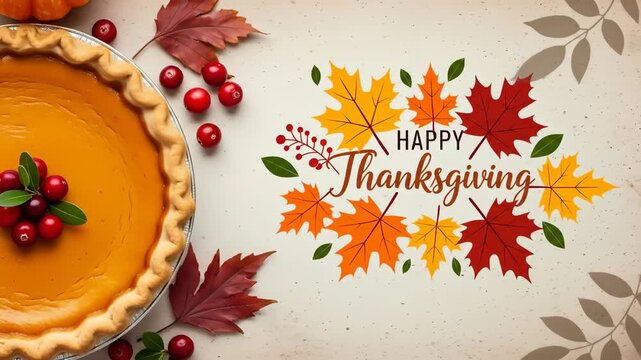 Festive thanksgiving design with autumn leaves, pie, and berries on white background