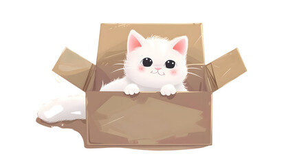 Adorable White Cat Relaxing in Box - Cute Illustration for Pet Lovers