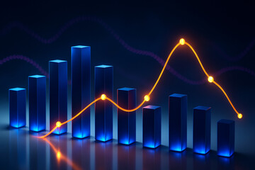 High‑quality cinematic financial chart with glowing 3D cobalt bars, orange trend line, magenta wave, glossy surface, professional stock image