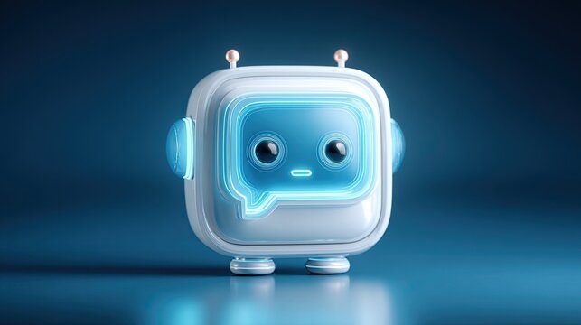 A cute, stylized 3D robot with a glowing blue chat bubble screen and antennae, set against a dark blue gradient background.