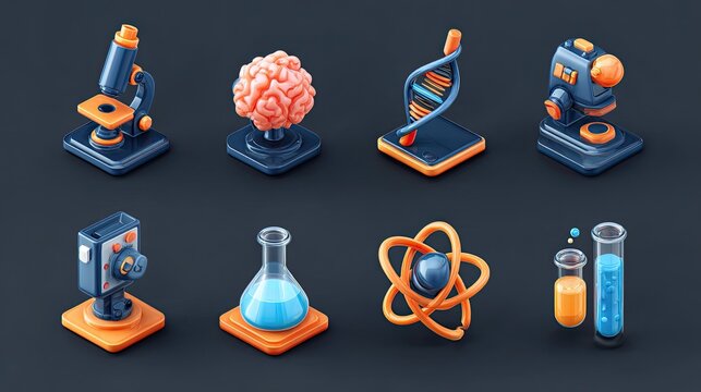 A collection of eight stylized 3D isometric icons representing various scientific and research concepts, including biology, chemistry, and physics.