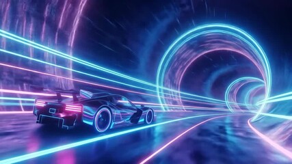 Futuristic Race Car Speeding Through Neon Tunnel, Cyberpunk Aesthetic - Powered by Adobe