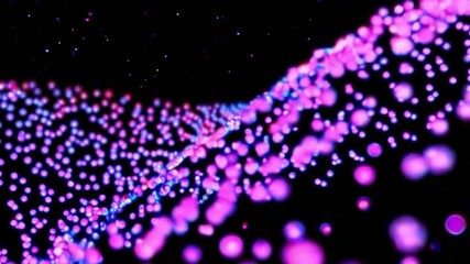 Neon pink particles radiate vibrant light as they form fluid waves over a dark background - Powered by Adobe