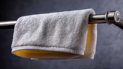 Plain white towel with yellow stains hanging on metal rod in a bathroom setting