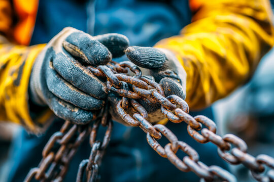 Person in work gloves holding rusty chain with a focus on manual labor and industrial maintenance