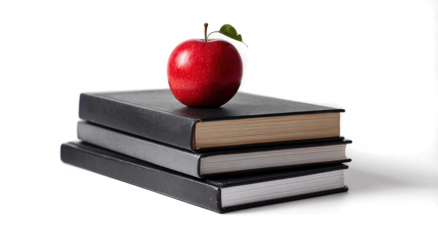 A pile of 3 books for going back to school with a red apple for the teacher or for the child as a healthy snack during their lesson to further their education isolated against a transparent background