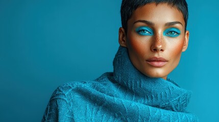 Model showcases modern wool poncho with Inca diamond patterns against sky-blue backdrop