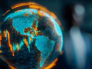 Digital representation of Earth with global data visualization and dynamic charts