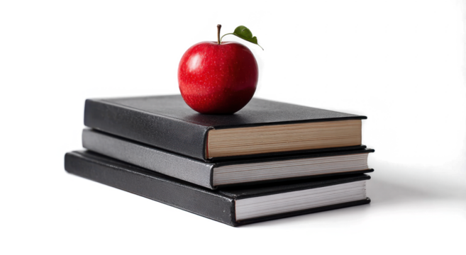 A pile of 3 books for going back to school with a red apple for the teacher or for the child as a healthy snack during their lesson to further their education isolated against a transparent background