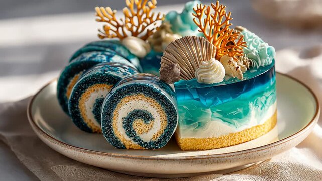 beautiful creative garnished roll cake in blue ocean style with shell and 