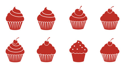 Collection of Red Cupcake Illustrations Featuring Different Toppings in Silhouette Style silhouette
