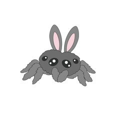 Whimsical cartoon tarantula spider with Easter bunny ears vector illustration isolated on white. Ideal for quirky spring holiday cards, Halloween Easter mashup party decor, and fun themed merchandise.