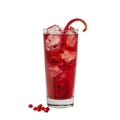 Vibrant Pomegranate Elixir: A refreshing concoction in a tall glass. Sparkling with ice, this ruby-red drink is garnished with a delicate pomegranate peel.