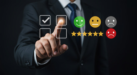 Customer satisfaction survey with hand touching the screen to select the best experience, feedback and rating for service and business quality, with positive online review
