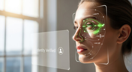 A portrait shot of a person face scanning for identity verification in a futuristic interface