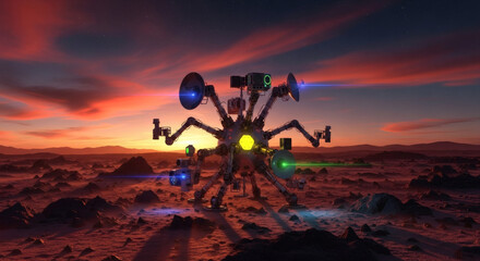 Fototapeta premium A futuristic robotic explorer with multiple arms and lights stands on a barren, rocky alien planet at sunset, illuminated by the warm glow of the sky.