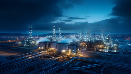 Obraz premium Illuminated industrial complex at night with steam rising under a dramatic sky