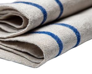 Folded linen napkins with blue stripes