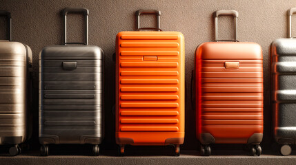 Stylish hard-shell suitcases in various colors lined up against a wall