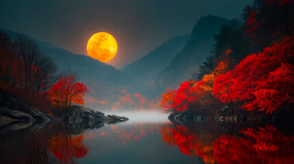 Serene autumn landscape with vibrant red foliage under a full moon reflected on a tranquil river