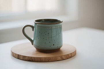 Speckled turquoise ceramic mug on wooden board over white table with soft natural light creating warm rustic atmosphere