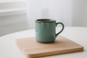  Speckled turquoise ceramic mug on wooden board over white table with soft natural light creating warm rustic atmosphere