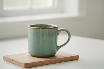  Speckled turquoise ceramic mug on wooden board over white table with soft natural light creating warm rustic atmosphere
