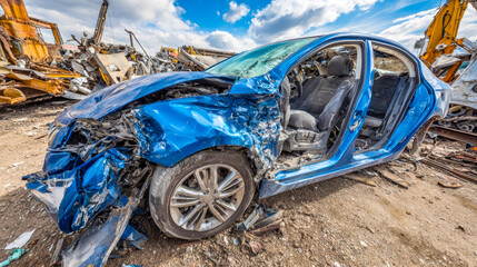 Damaged blue sedan with extensive front-end collision in a scrapyard or junkyard setting