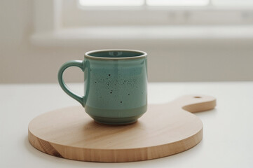  Speckled turquoise ceramic mug on wooden board over white table with soft natural light creating warm rustic atmosphere