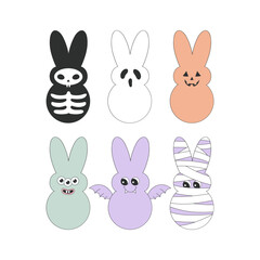 Retro Cartoon Chocolate Easter bunnies designed as spooky Halloween characters including skeleton, ghost, pumpkin, monster, bat, mummy vector illustration set isolated on white. Perfect for quirky
