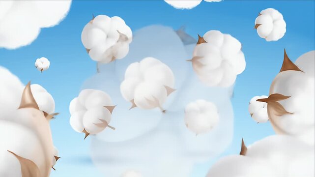 Animated floating cotton bolls against a bright blue background for commercial use